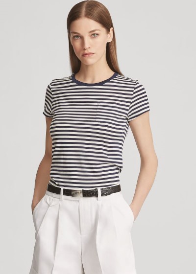 Playeras Ralph Lauren Mujer Azul Oscuro Marino / Blancos - Striped Crewneck Pocket - VNFDI2179